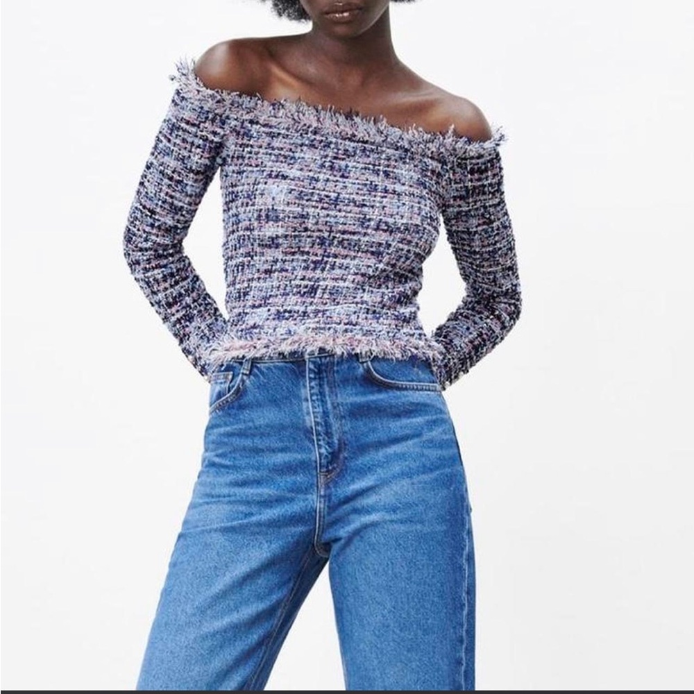 Zara Off-the-Shoulder Tweed Sweater in Blue and Pink